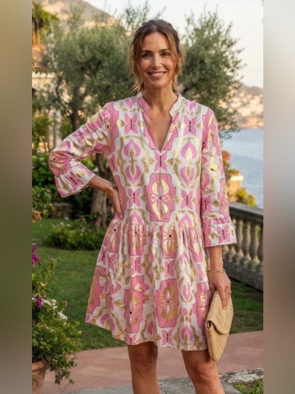 Jude Connolly EUC Pink & Metalic
GoldPrint Drop-Waist Bell Sleeve
Dress cotton L